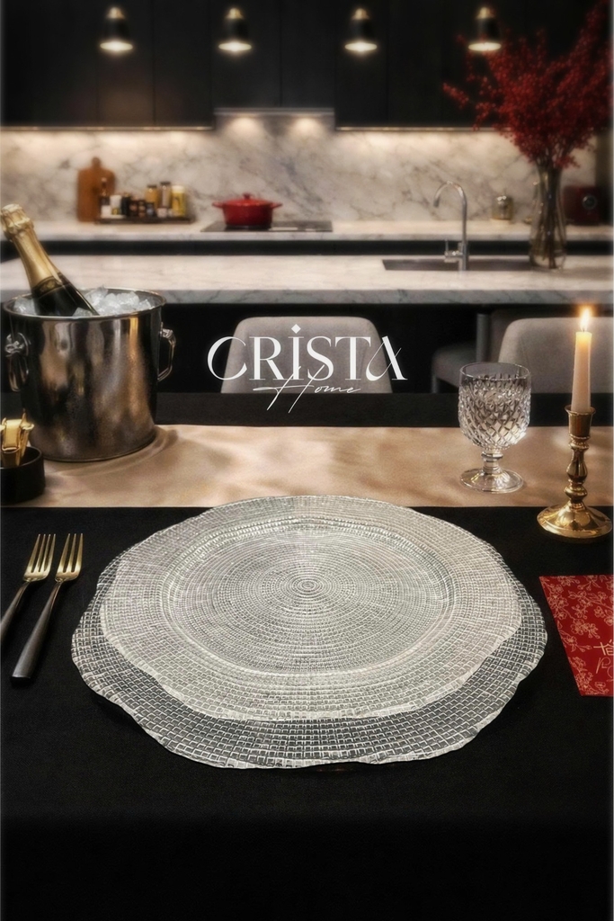 Bộ 2 đĩa thủy tinh vân lưới tròn 34cm + 30cm Crista Home màu trắng (60225-W)