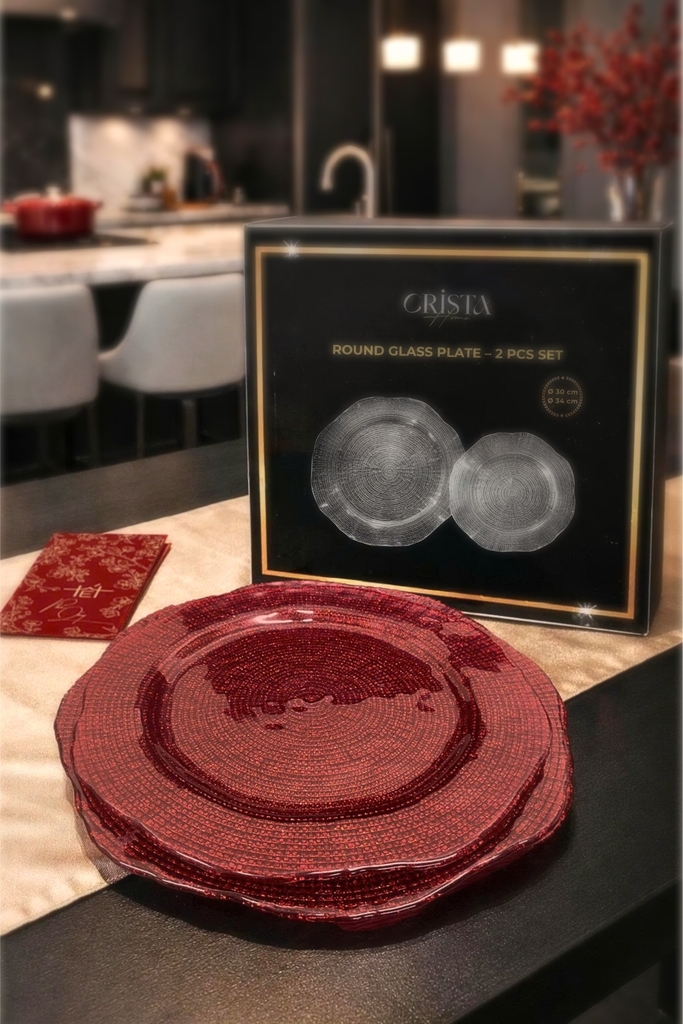Bộ 2 đĩa thủy tinh vân lưới tròn 34cm + 30cm Crista Home màu đỏ (60225-R)