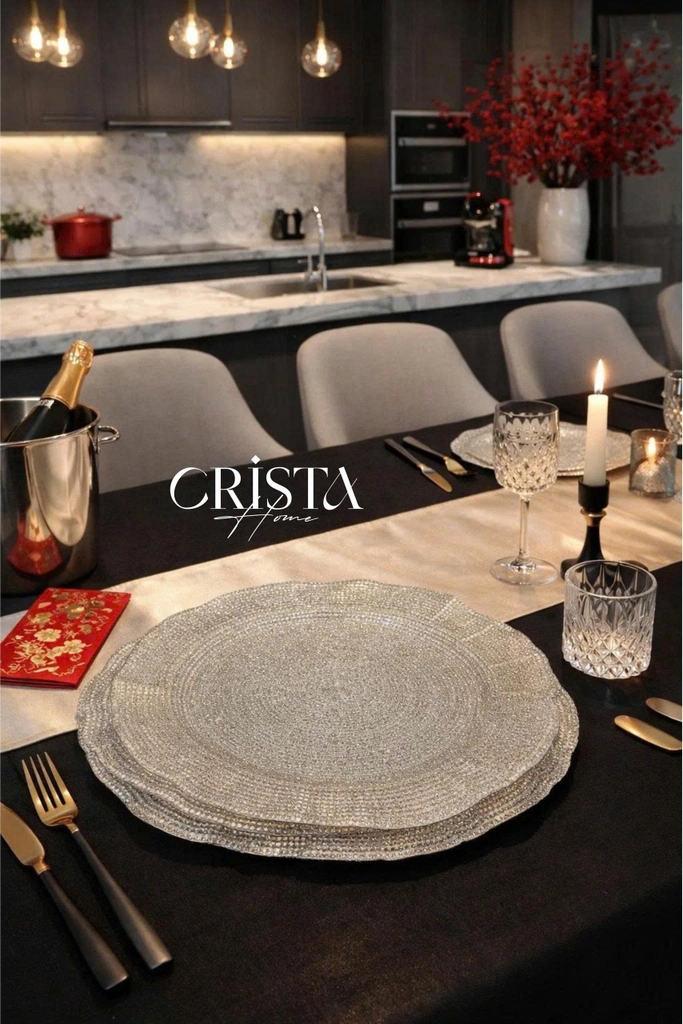 Bộ 2 đĩa thủy tinh vân lưới tròn 34cm + 30cm Crista Home màu bạc (60225-SI)