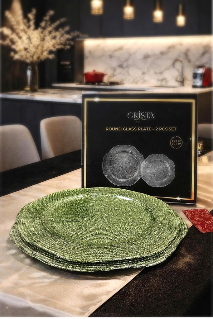 Bộ 2 đĩa thủy tinh vân lưới tròn 34cm + 30cm Crista Home màu xanh (60225-G)