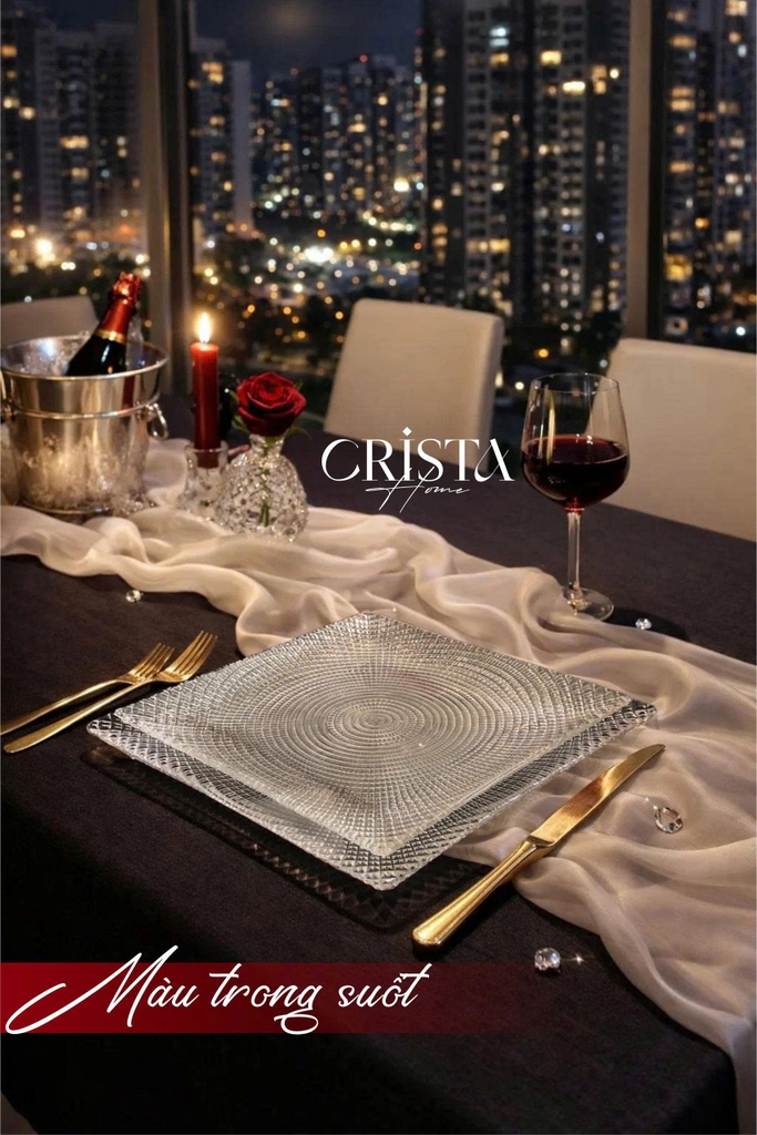 Bộ 2 đĩa thủy tinh vân lưới vuông 24cm + 27.5cm Crista Home màu trắng (60227-W)