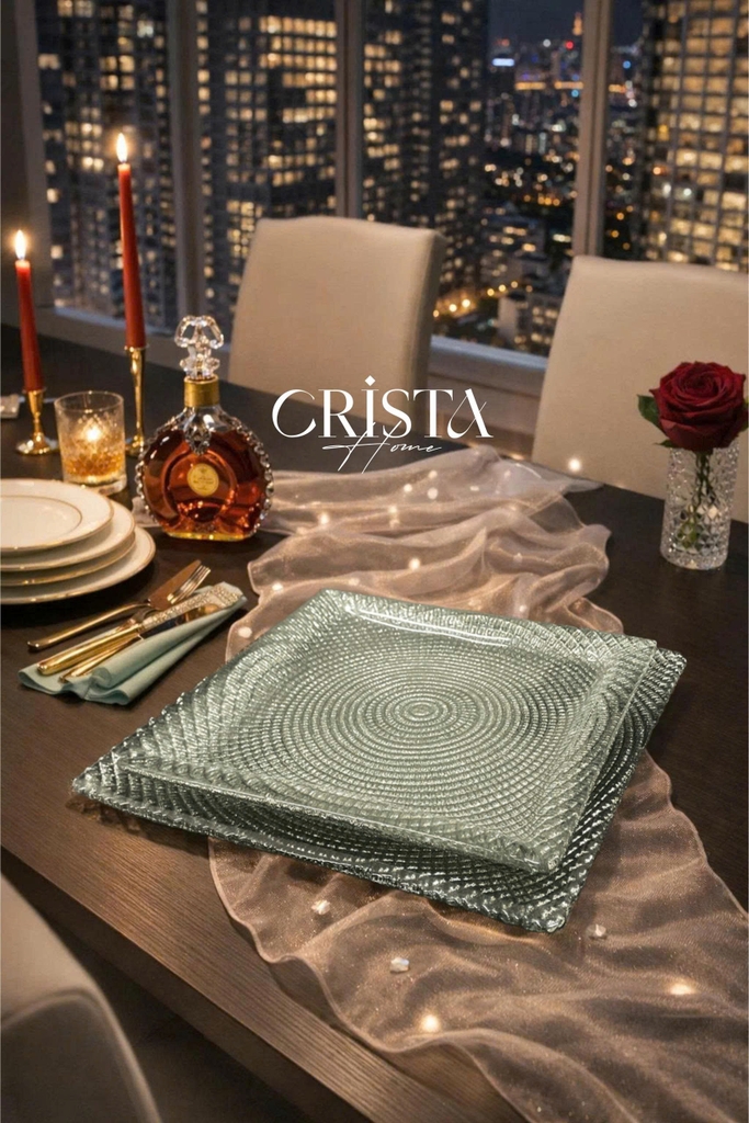 Bộ 2 đĩa thủy tinh vân lưới vuông 24cm + 27,5cm Crista Home màu xanh (60227-G)