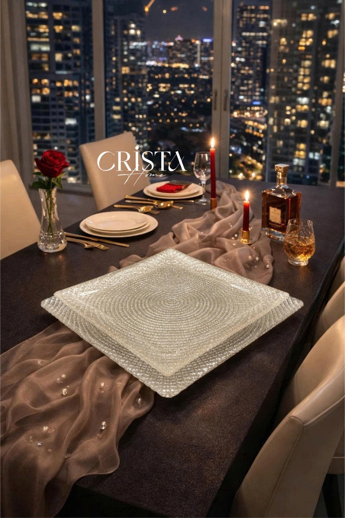 Bộ 2 đĩa thủy tinh vân lưới vuông 24cm + 27.5cm Crista Home màu bạc (60227-SI)