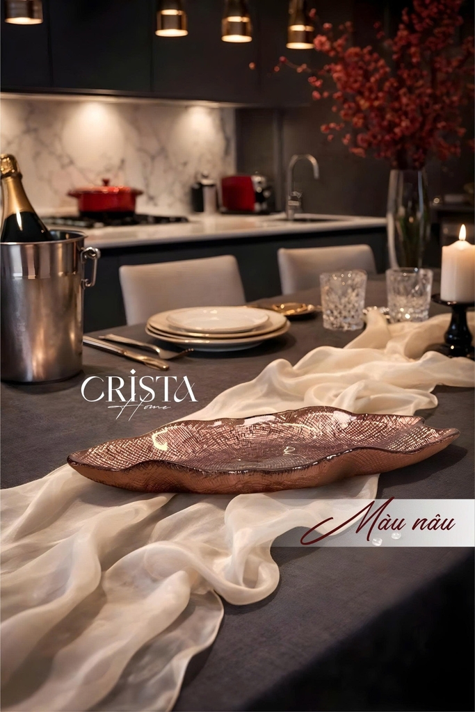 Đĩa thủy tinh vân lưới bầu dục 43cm*17cm Crista Home màu nâu (60226-BR)