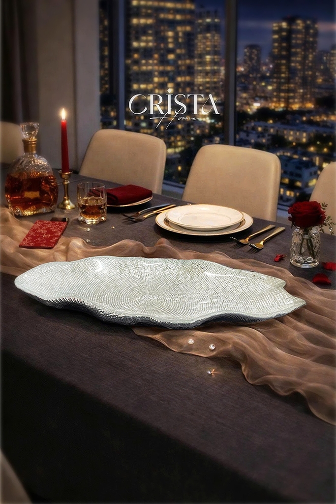 Đĩa thủy tinh vân lưới bầu dục 43cm*17cm Crista Home màu bạc (60226-SI)