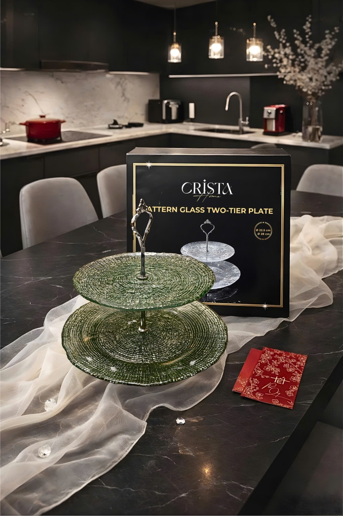 Bộ đĩa thủy tinh 2 tầng vân lưới tròn 28cm + 22,5cm Crista Home màu xanh (60224-G)