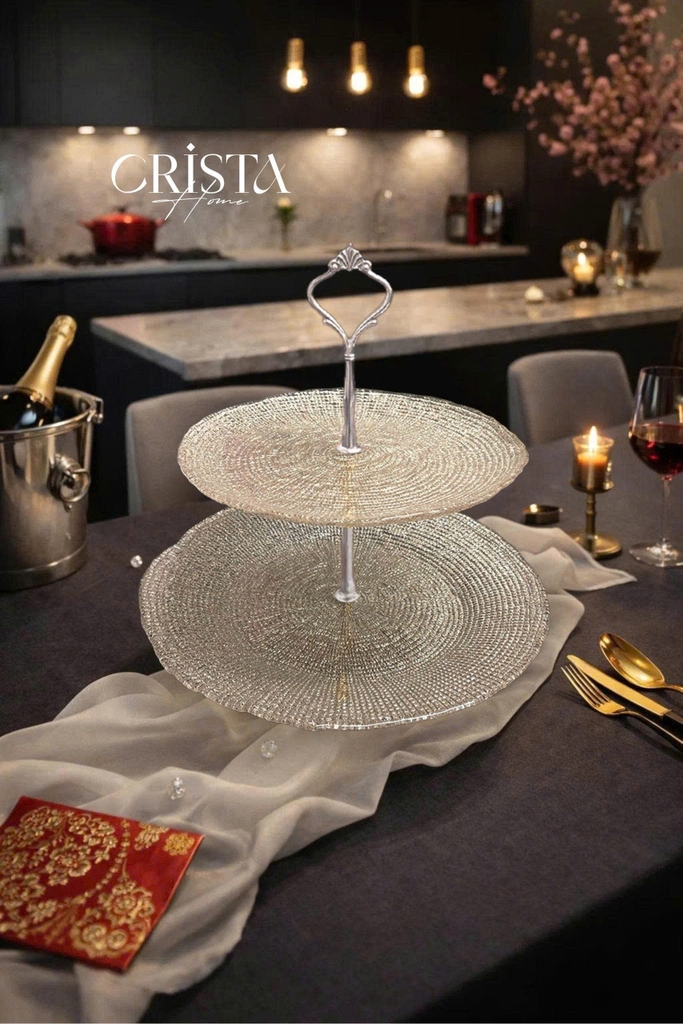 Bộ đĩa thủy tinh 2 tầng vân lưới tròn 28cm + 22,5cm Crista Home màu bạc (60224-SI)