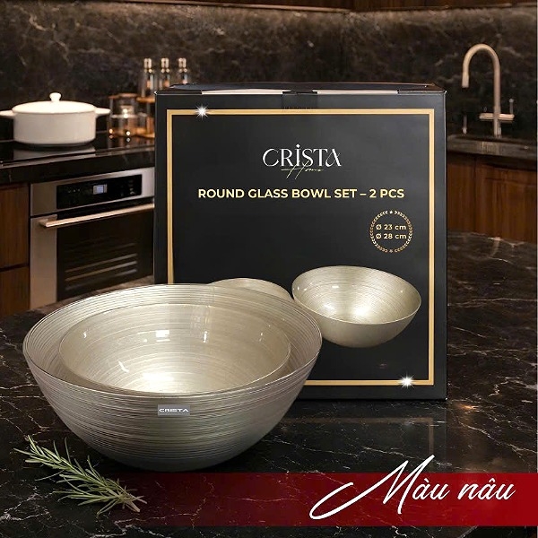 Bộ 2 bát thủy tinh tròn 4.5L+2.2L Crista Home màu nâu (60228-BR)