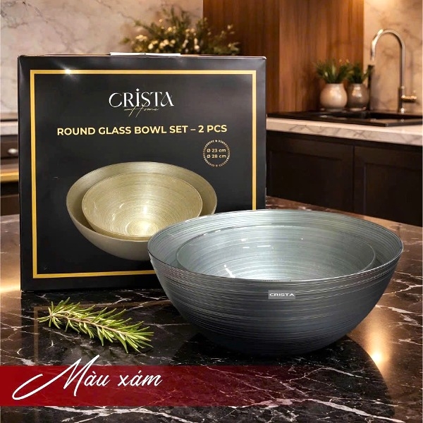 Bộ 2 bát thủy tinh tròn 4.5L+2.2L Crista Home màu xám (60228-GR)