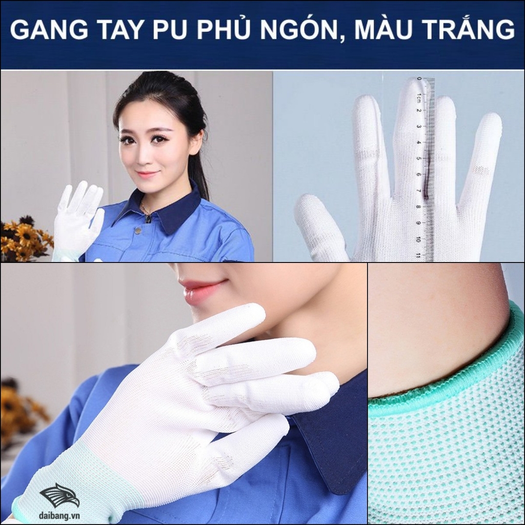 Ảnh chụp cận cảnh thực tế Găng tay phủ PU đầu ngón màu trắng