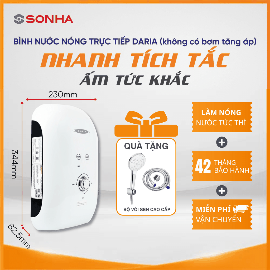 Bình nước nóng trực tiếp Daria 1041 (Không có bơm tăng áp)