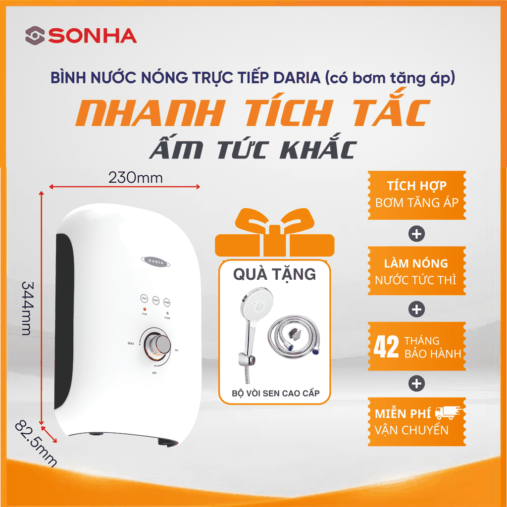 Bình nước nóng trực tiếp Daria 1031 (có bơm tăng áp)