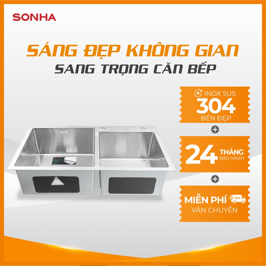 Chậu inox cao cấp Sơn hà Handmade 2 hộc lệch