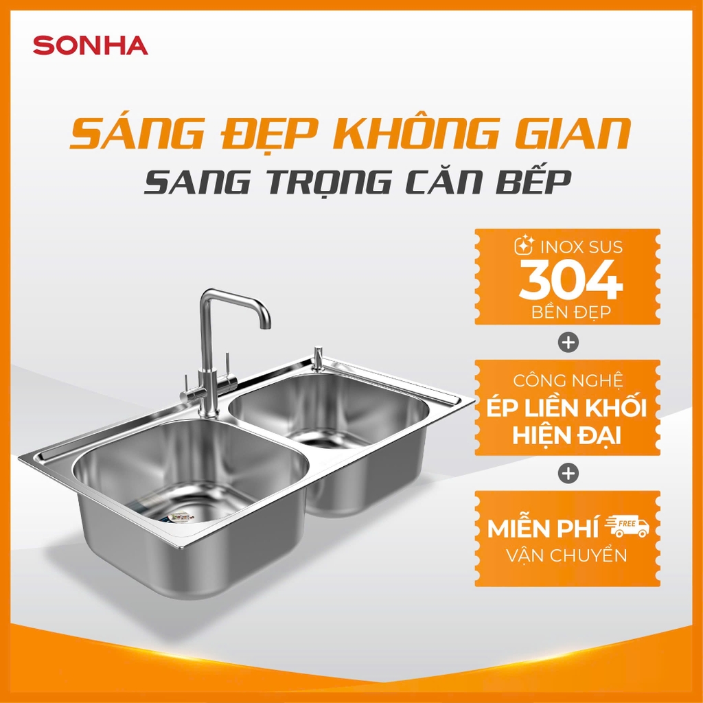 Chậu rửa bát inox cao cấp Sơn Hà 2 hộc cân - S82
