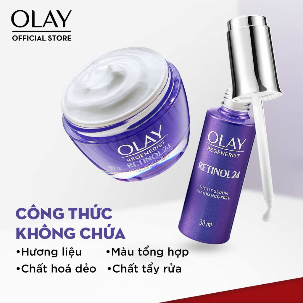 Combo Kem Dưỡng Ẩm Ban Đêm + Serum OLAY RETINOL24 Giúp Trẻ Hóa Da & Mờ Nếp Nhăn 50G + 30ML