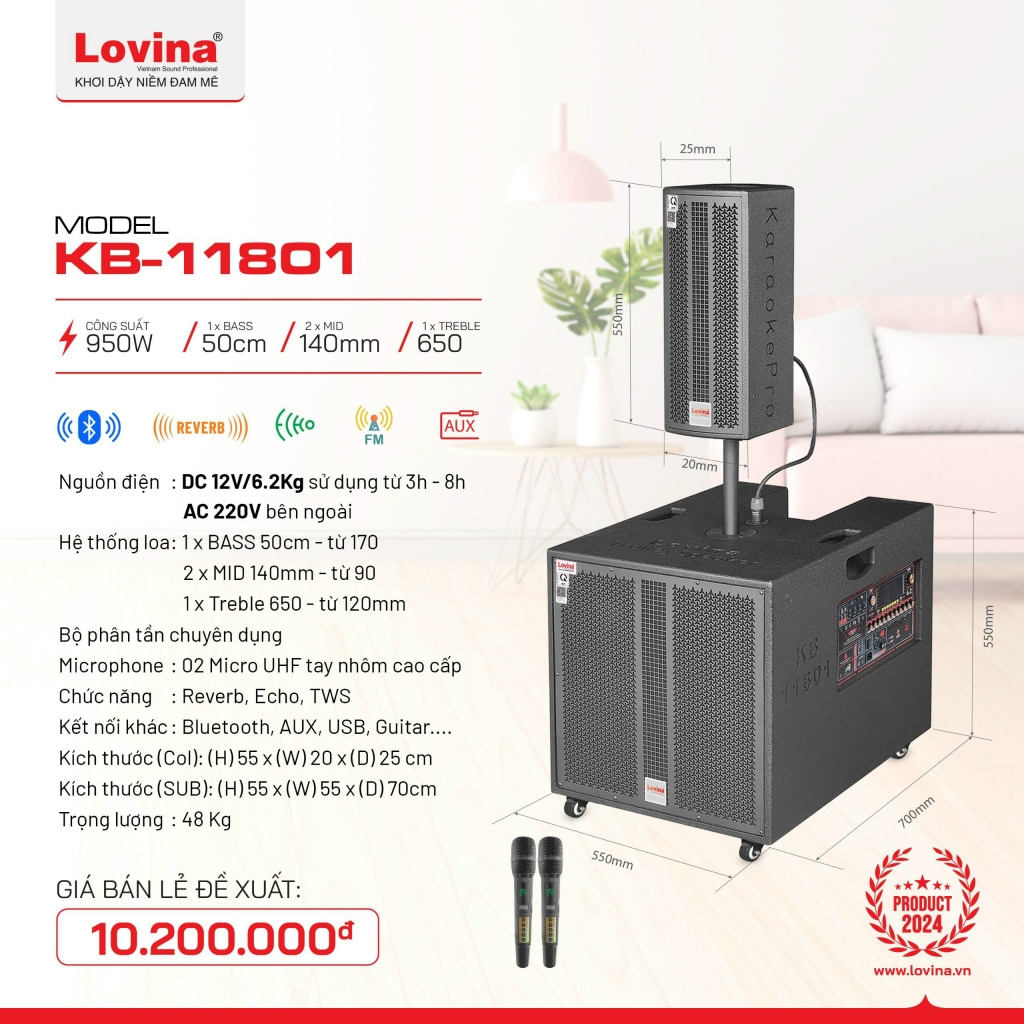 Loa cột Lovina KB-11801 (1 Sub 50 + 1 treble 350 + 2 Trung 12cm ...