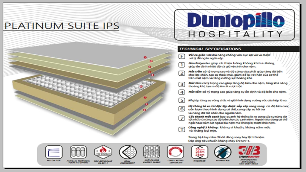 Nệm Lò Xo Túi Độc Lập IPS Lót Cao Su Dunlopillo - Platinum Suite | Chuyên Dùng Cho Khách Sạn