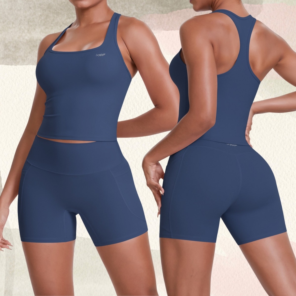 Bộ tập beYoga SET5128 - Áo Tanktop Kèm Bra & Quần Biker Lửng Có Túi