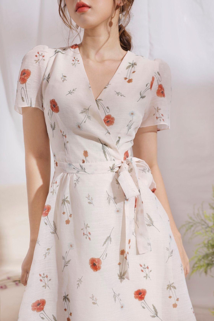 Đầm wrap trắng in hoa lụa tơ hai lớp e1078