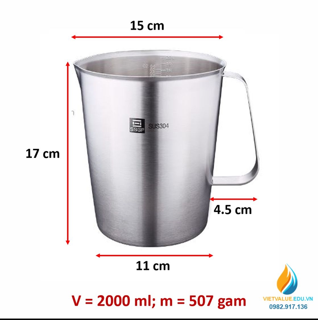 Ca inox 304 có chia vạch, có tay cầm, có mỏ rót, dung tích 2000ml VIETVALUE