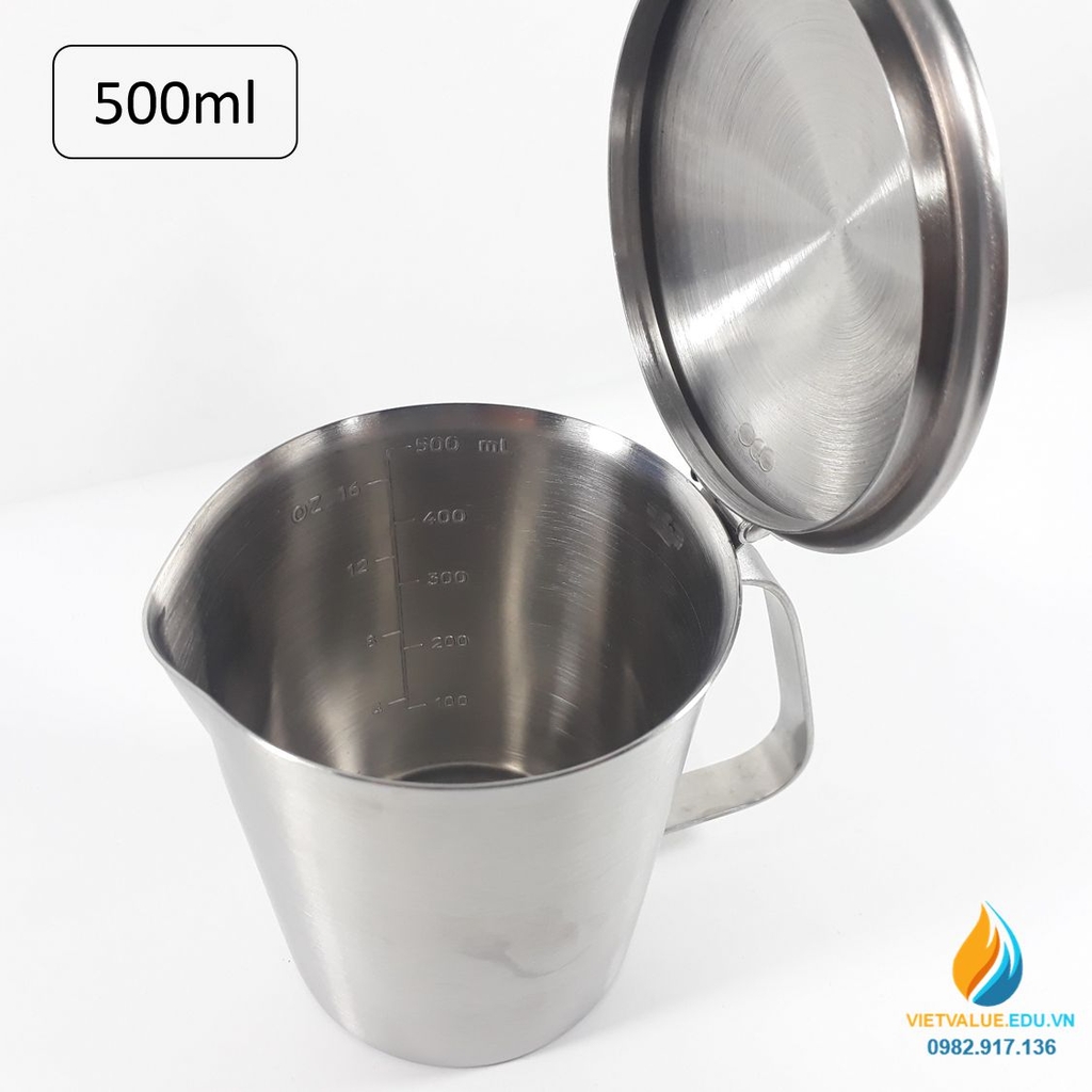 Ca Inox 304 có nắp, dung tích 500ml, vạch chia, có quai, có cỏ rót ...