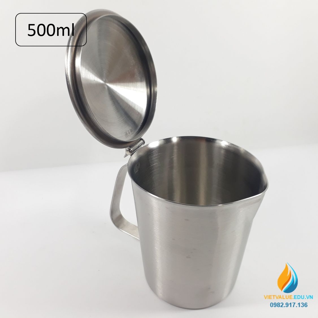 Ca Inox 304 có nắp, dung tích 500ml, vạch chia, có quai, có cỏ rót ...
