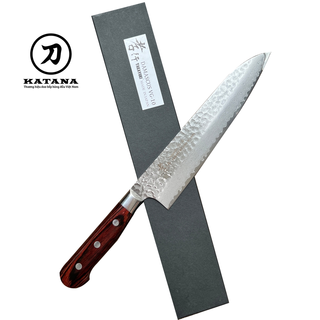 Dao bếp Nhật cao cấp Sakai Takayuki thép Damascus Hammered 33 lớp VG10 Gyuto cán đỏ - Dao thái thịt cá (210mm)