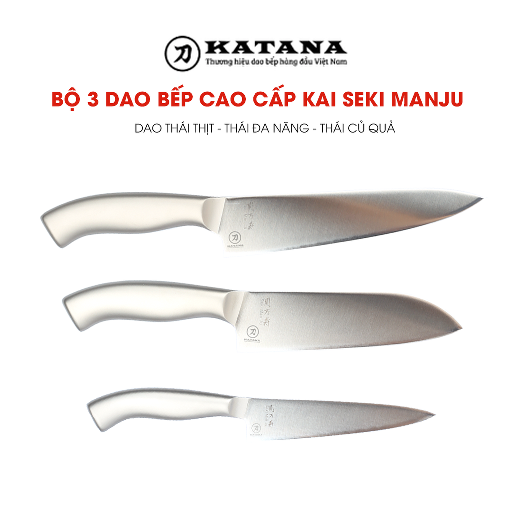 Bộ 3 dao Nhật cao cấp KAI Seki ManJu cán kim loại - Thái thịt cá - Thái đa năng - Gọt hoa quả MANJUHK-SET3