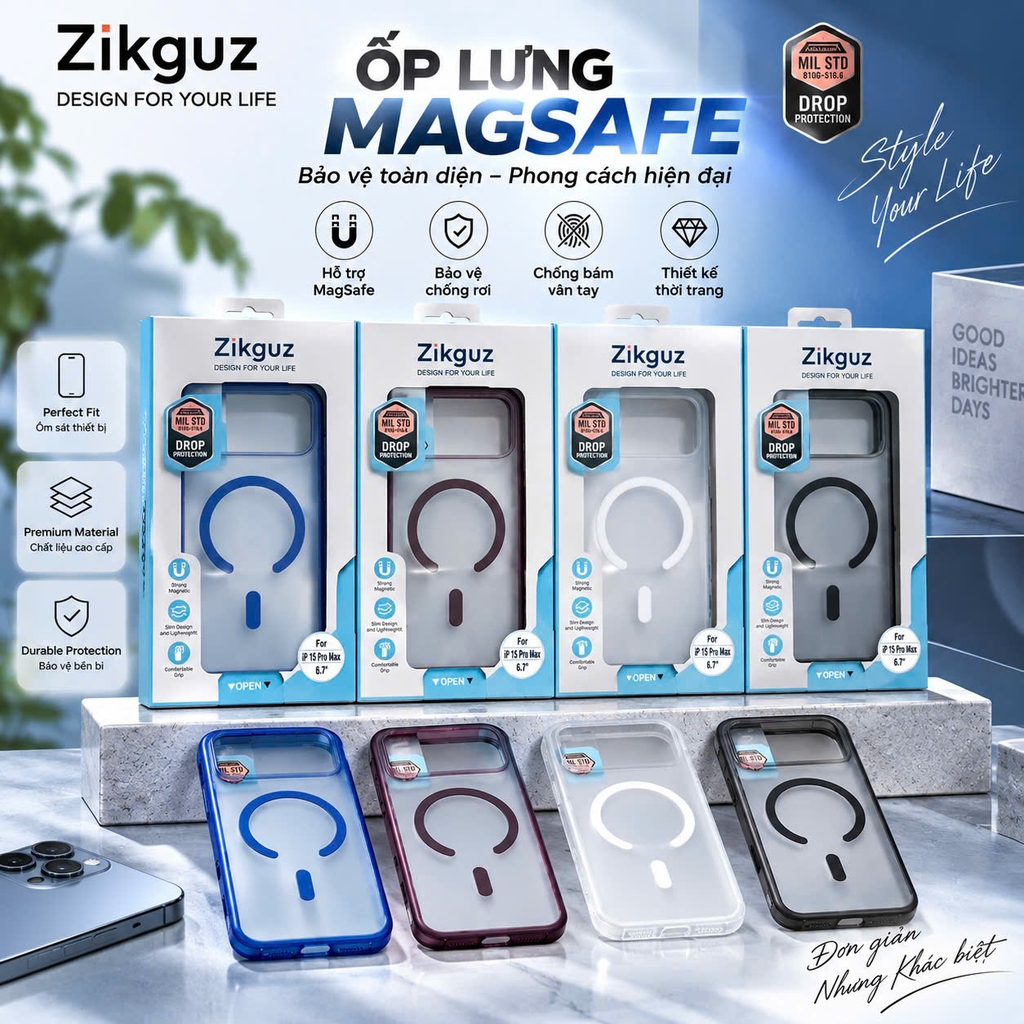 Ốp Zikguz Bioni Magsafe nhám viền màu cho 17/18promax