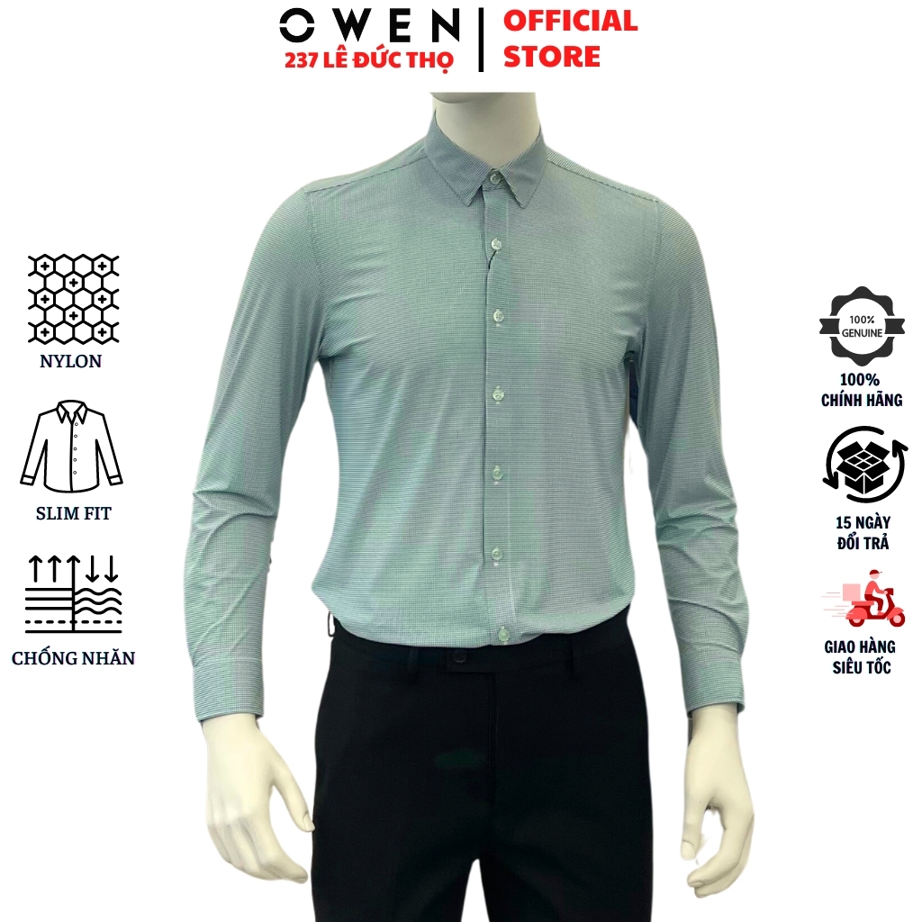 Áo Sơ Mi Nam Tay Dài Owen AS230520D màu kẻ caro xanh lá dáng slim fit tà lượn không túi chất liệu knit