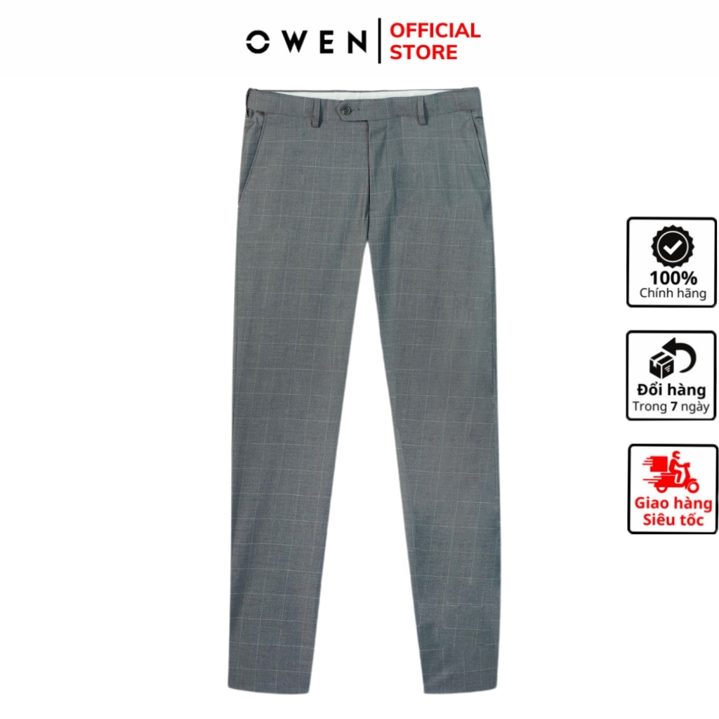 Quần Tây Nam Owen QST231262 màu kẻ caro ghi sáng dáng slim fit vải polyester