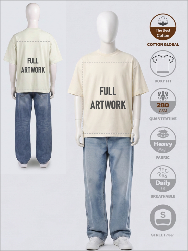 SỈ ÁO IN FULL ARTWORK (40 X 55CM): BOXY OVERSIZED [COTTON GLOBAL] _ MÀU KEM