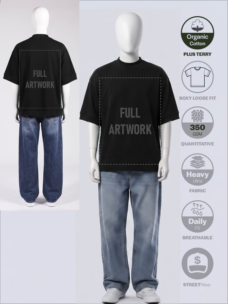 SỈ ÁO IN FULL ARTWORK (40 X 55CM): BOXY LOOSE-FIT [PLUS TERRY] _ MÀU ĐEN