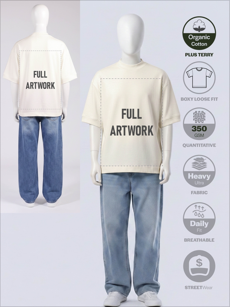 SỈ ÁO IN FULL ARTWORK (40 X 55CM): BOXY LOOSE-FIT [PLUS TERRY] _ MÀU KEM