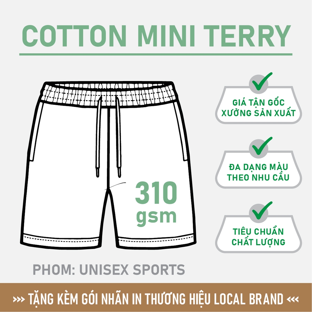 GIA CÔNG PHÔI QUẦN SHORTS [MINI TERRY] PHOM UNISEX SPORTS_MÀU THEO YÊU CẦU