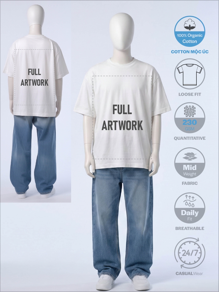SỈ ÁO IN FULL ARTWORK (40 X 55CM): OVERSIZED-FIT [COTTON MỘC ÚC] _ MÀU TRẮNG