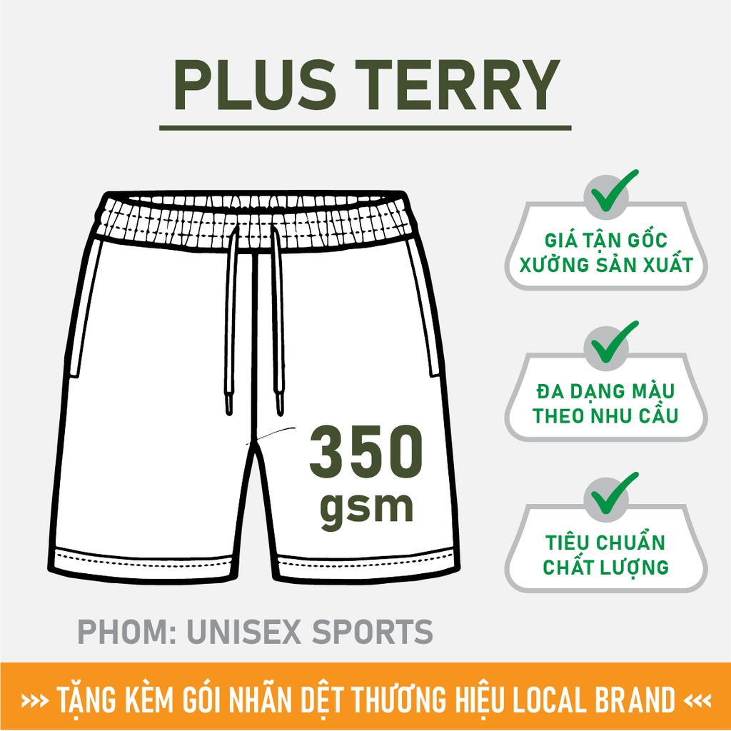 GIA CÔNG PHÔI QUẦN SHORTS TRƠN [PLUS TERRY] PHOM UNISEX SPORTS_MÀU THEO YÊU CẦU