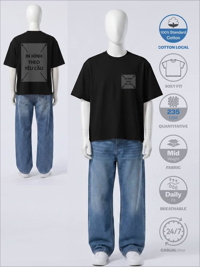 SỈ PHÔI ÁO ĐEN+IN PHOM BOXY - FIT UNISEX TEE [COTTON MỘC LOCAL]_IN 2 MẶT