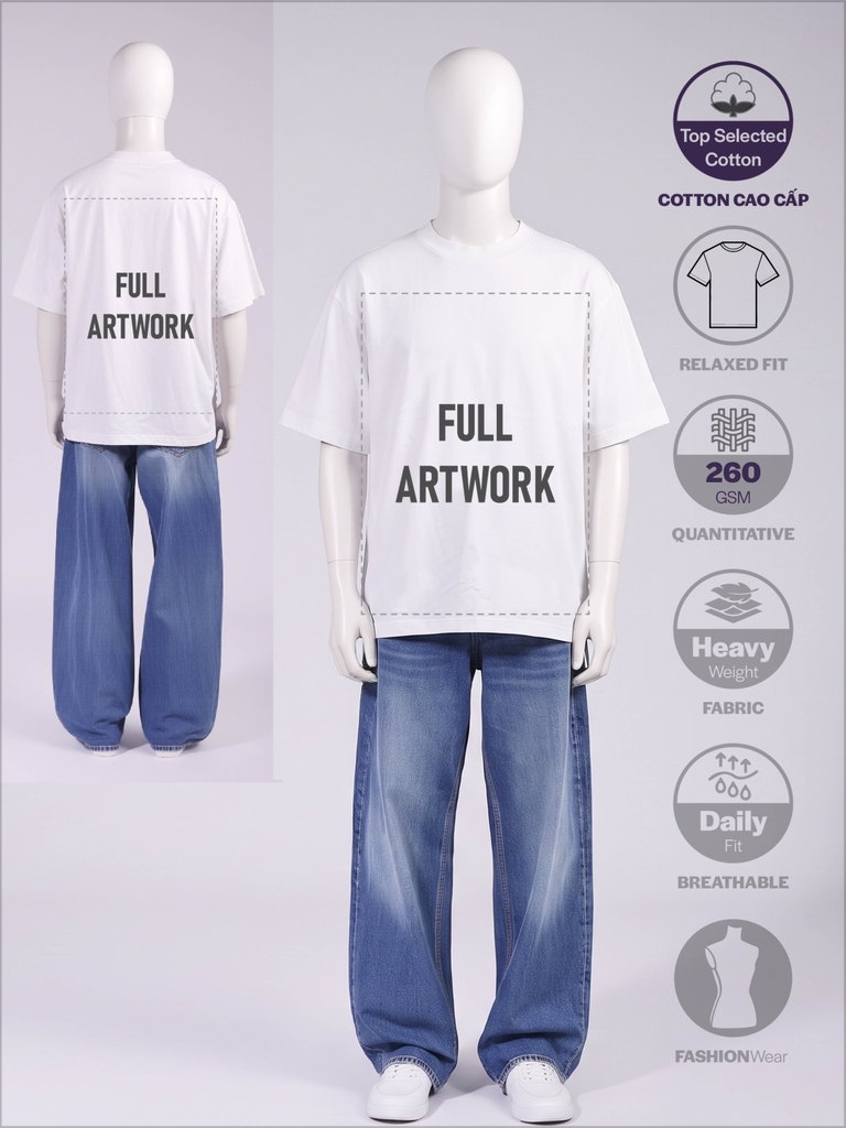 SỈ ÁO IN FULL ARTWORK (40 X 55CM): LOOSE-FIT UNISEX [COTTON CAO CẤP] _ MÀU TRẮNG
