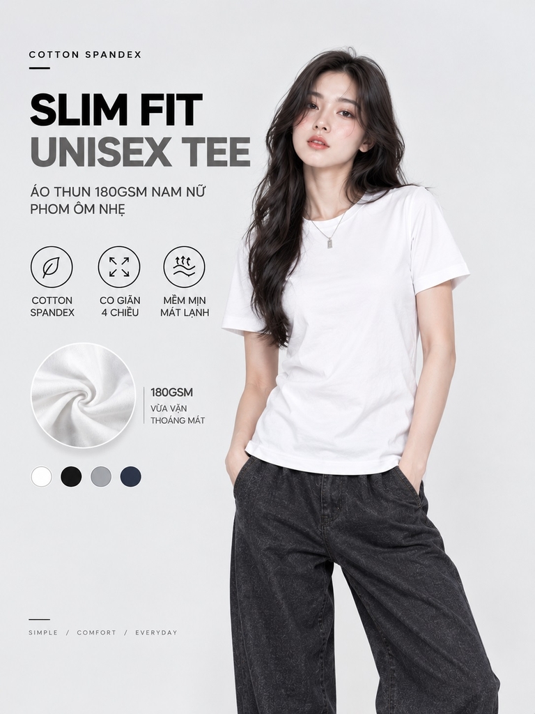 ÁO THUN 180GSM NAM NỮ PHOM ÔM NHẸ NAM NỮ COTTON SPANDEX SLIM FIT UNISEX TEE BY THENEWCOTTON