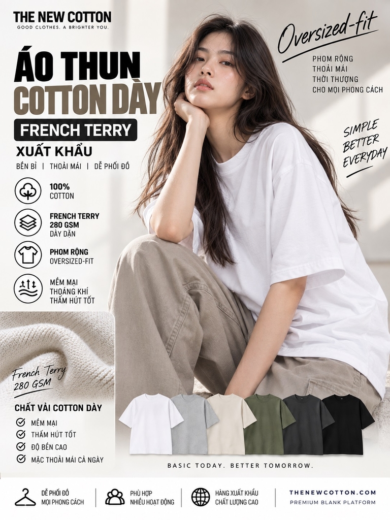 ÁO THUN 280GSM NAM NỮ PHOM RỘNG DÁNG TAY LỠ COTTON DÀY VIETNAM XUẤT KHẨU OVERSIZED FIT 3