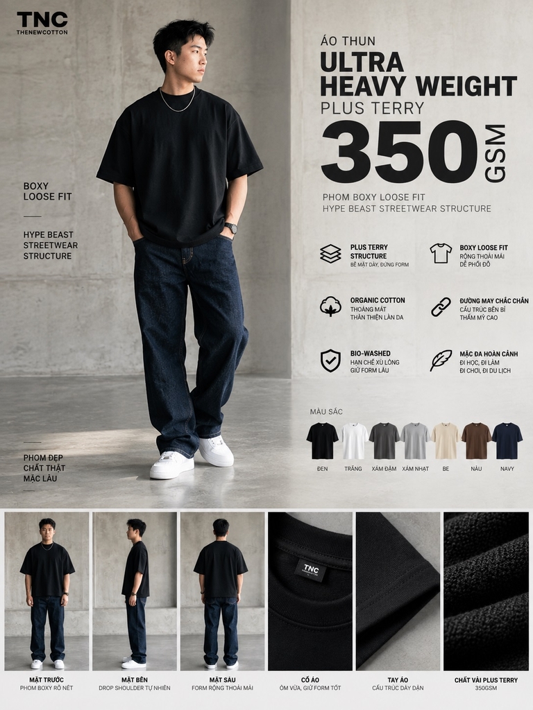 Áo Thun Ultra Heavy Weight Plus Terry 350Gsm Phom Boxy Loose Fit Hype Beast Streetwear Structure