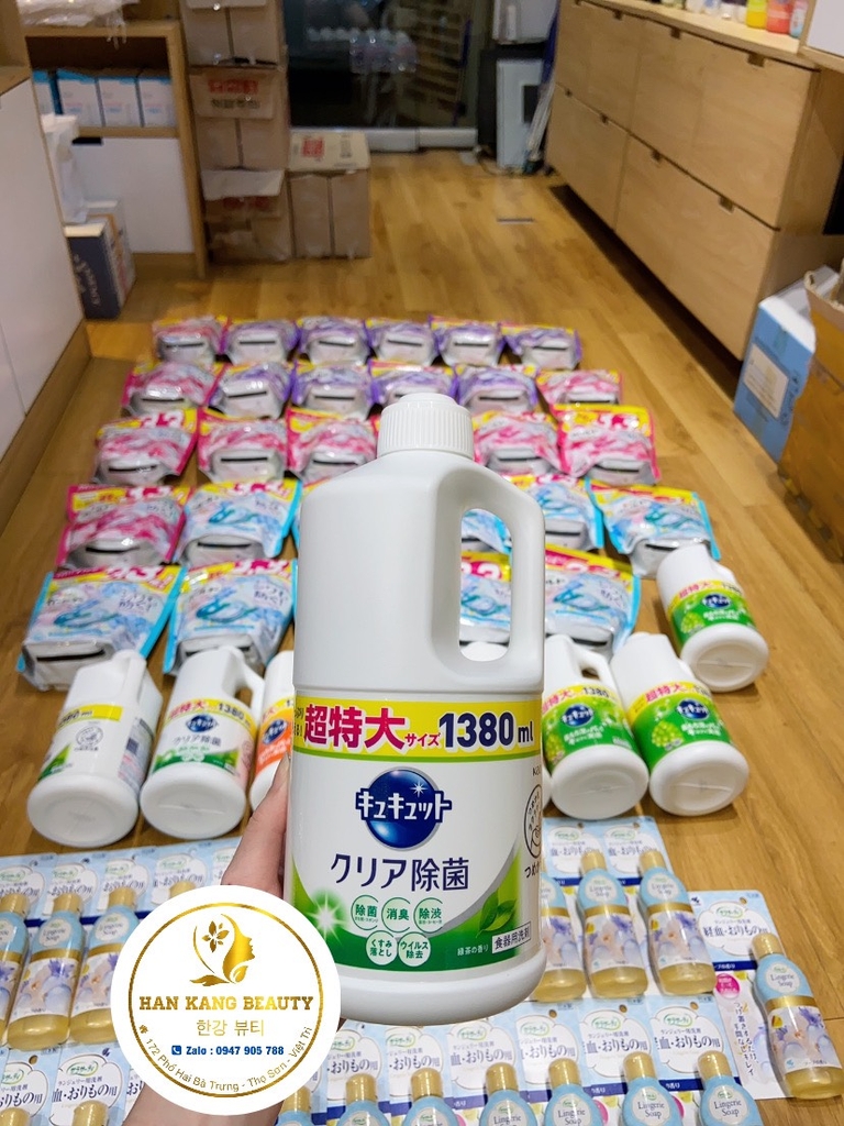 Nước rửa chén diệt khuẩn KAO Kyukyutto Clear 1380mL nội địa Nhật (có VAT)
