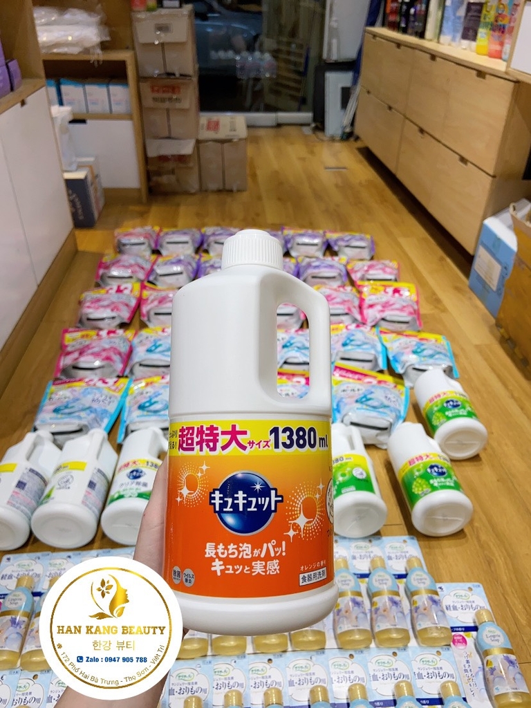 Nước rửa chén diệt khuẩn KAO Kyukyutto Clear 1380mL nội địa Nhật (có VAT)