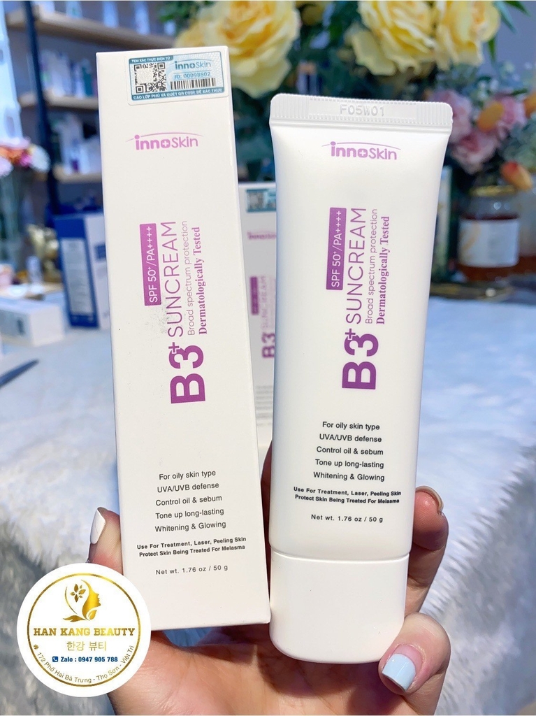 Kem Chống Nắng Phổ Rộng nâng tone Innoskin B3 tím Suncream SPF50+ PA++++ 50ml ( dành cho da dầu mụn ) (Có VAT)