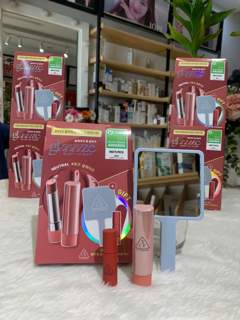 Set Son Dưỡng Có Màu 3CE Glazy Lip Glow 3,2g màu 34 Rose Glaze - Hồng Khô (tặng kèm son mini 03 daffodil+gương)