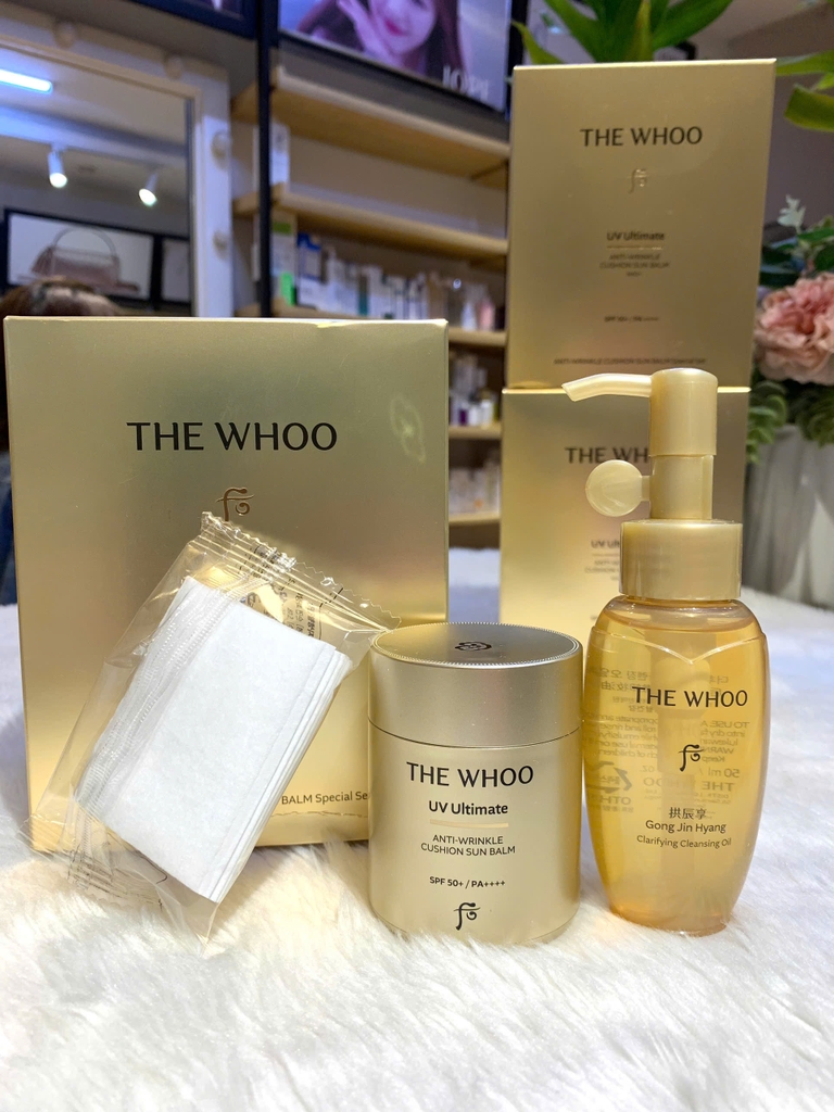 Set Phấn Tươi Trang Điểm Và Chống Nhăn Whoo UV Ultimate Anti-Wrinkle Cushion Sun Balm Special Set SPF50+/PA++++(Tặng kèm dầu tẩy trang)