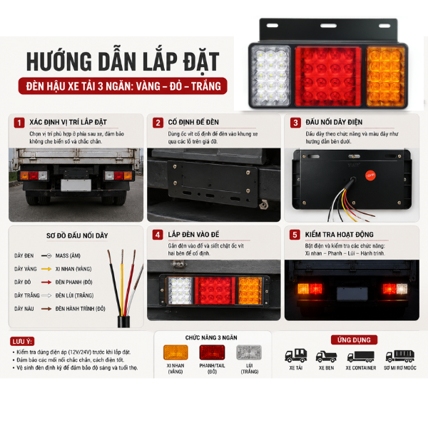 Combo 2 đèn hậu xe tải, đèn hậu led 3 ngăn hình chữ nhật điện áp 12V/24V Viair