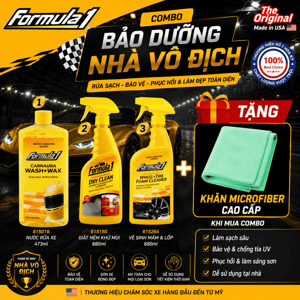 Combo Bảo Dưỡng Nhà Vô Địch Formula 1: Rửa Xe, Vệ Sinh Nội Thất, Làm Sạch Mâm Lốp Tặng Khăn Microfiber