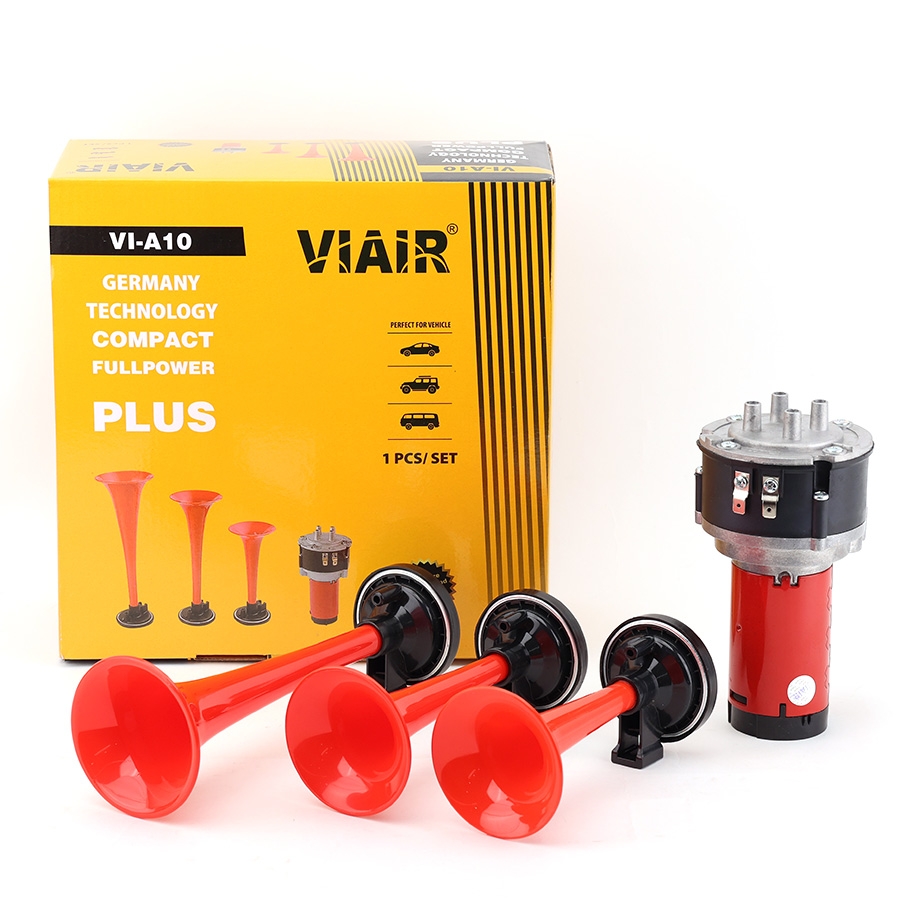Kèn Sinh Hơi 3 Loa Đỏ 12V/24V Có Rờ Le (Kèm Mô Tơ Tạo Hơi E) VIAIR VI-A10 Còi Hơi Xe Tải, Ô Tô